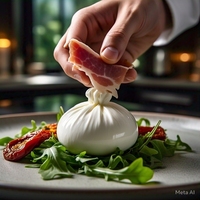 Burrata Arrivata, rúcula, pesto, tomate seco y jamón crudo