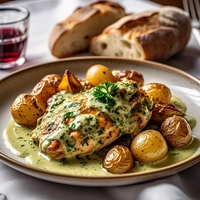 Pollo al verdeo con papas noisette
