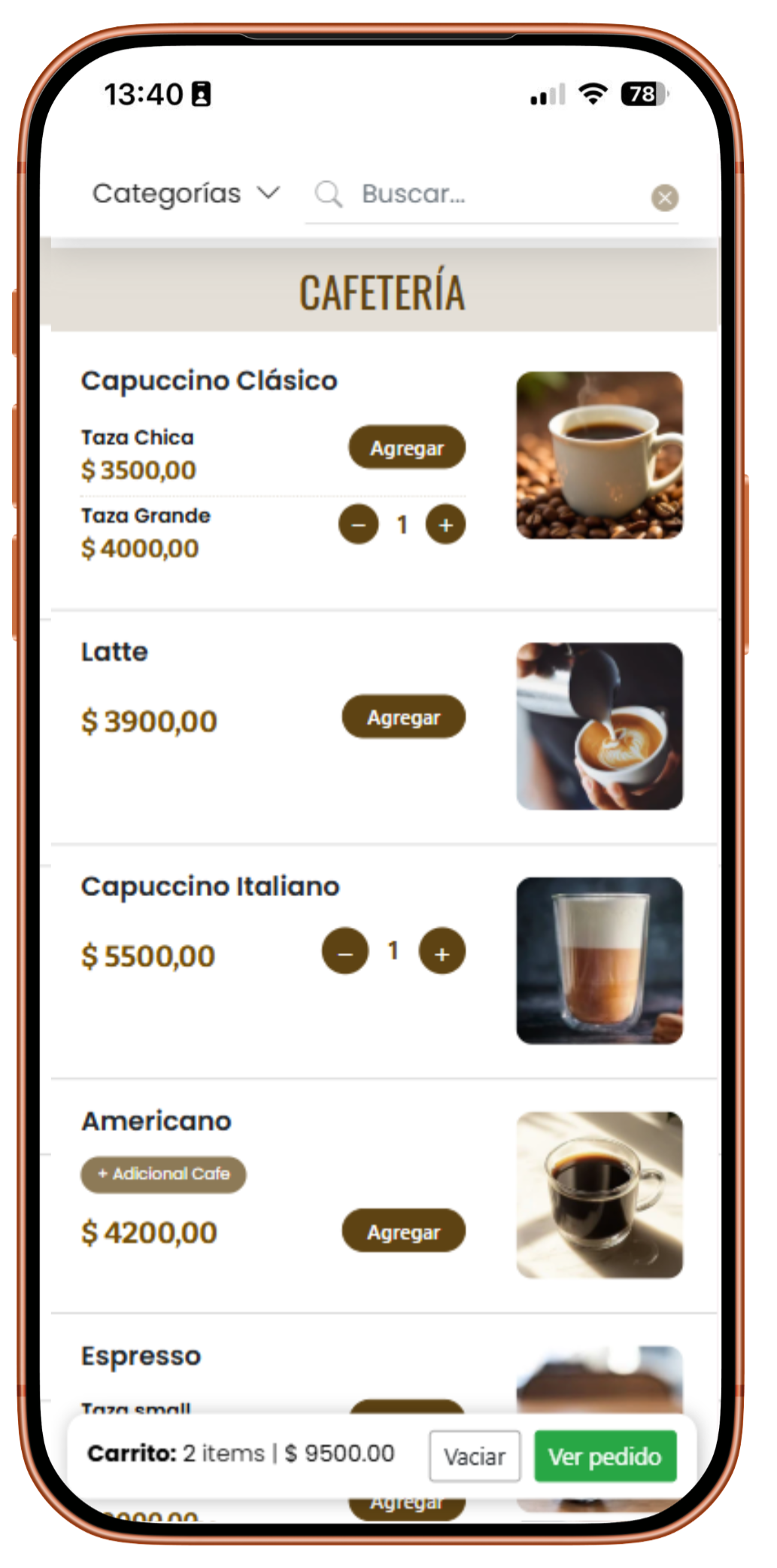 Vista del menú para delivery en un celular